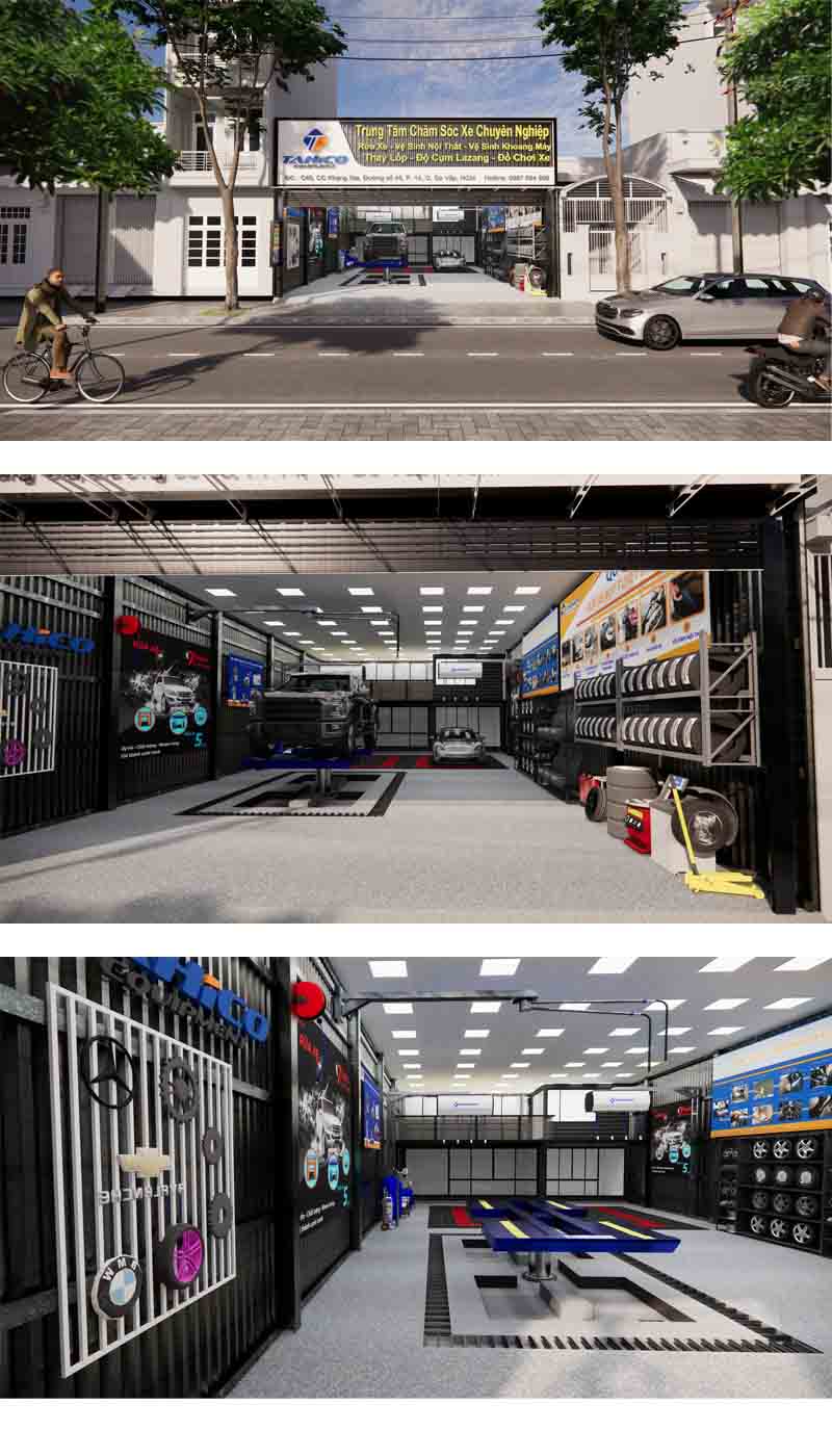 Mẫu bản vẽ 3D cho trung tâm chăm sóc xe 200m2
