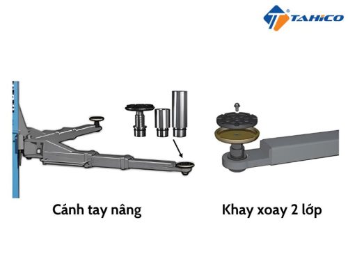 Tay nâng đồng bộ với trụ - khay xoay 2 lớp 