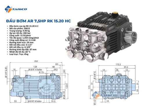 Thông số kỹ thuật đầu bơm máy rửa xe cao áp AR 7,5HP RK 15.20 HC