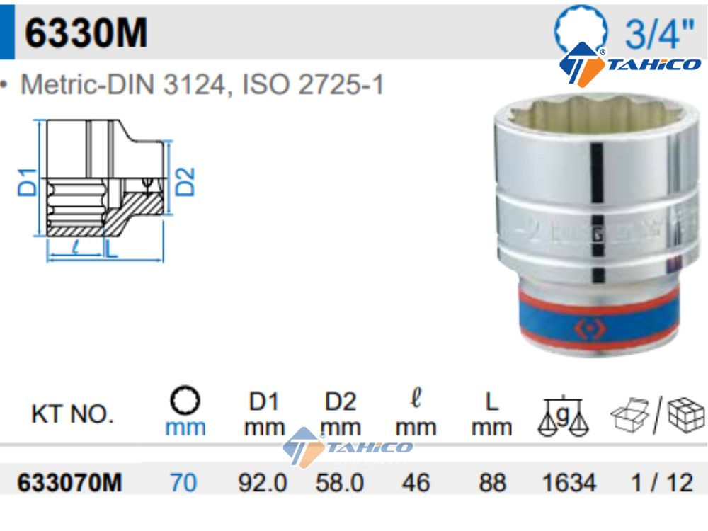 Khẩu tuýp 3/4" Kingtony 633070M - 70mm, 12 cạnh, Trắng, Dài 88mm 2 Khẩu tuýp 3/4" Kingtony 633070M - 70mm, 12 cạnh, Trắng, Dài 88mm