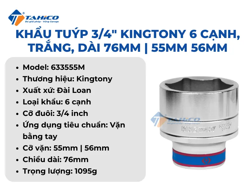 Khẩu tuýp 3/4" Kingtony 633555M | 633556M 6 cạnh, Trắng, Dài 76mm 40 Khẩu tuýp 3/4" Kingtony 633555M | 633556M 6 cạnh, Trắng, Dài 76mm