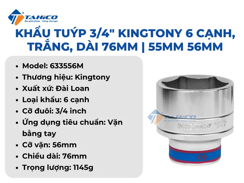 Khẩu tuýp 3/4" Kingtony 633555M | 633556M 6 cạnh, Trắng, Dài 76mm 41 Khẩu tuýp 3/4" Kingtony 633555M | 633556M 6 cạnh, Trắng, Dài 76mm