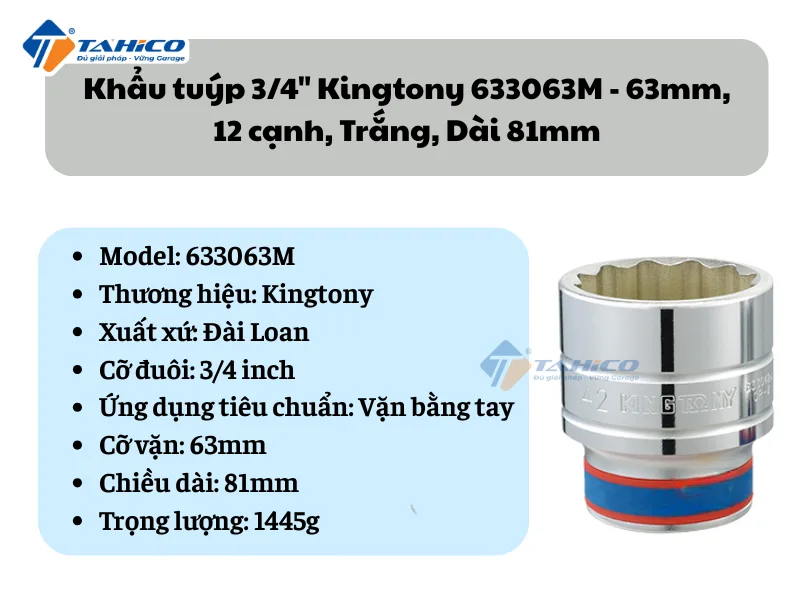 Khẩu tuýp 3/4" Kingtony 633063M - 63mm, 12 cạnh, Trắng, Dài 81mm 2 Khẩu tuýp 3/4" Kingtony 633063M - 63mm, 12 cạnh, Trắng, Dài 81mm