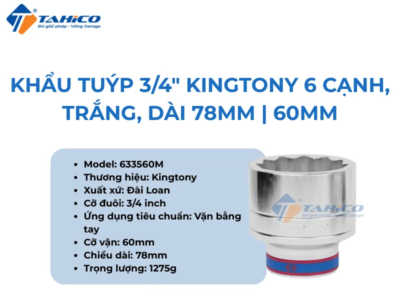 Khẩu tuýp 3/4inch Kingtony 6 cạnh, Trắng, Dài 78mm | 58mm 60mm 2 Hình ảnh sản phẩm Khẩu tuýp 3/4inch Kingtony 6 cạnh, Trắng, Dài 78mm | 58mm 60mm