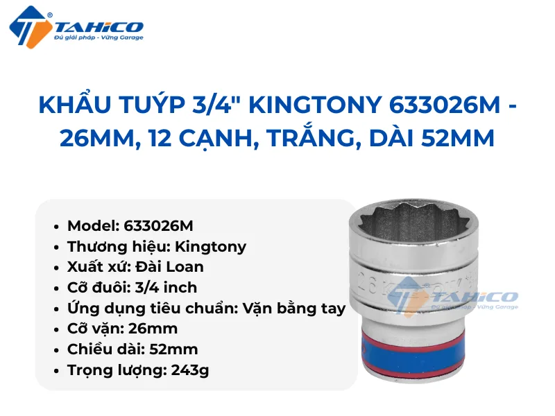 Khẩu tuýp 3/4inch Kingtony Series 12 cạnh, Trắng, Dài 52mm 6 Hình ảnh sản phẩm Khẩu tuýp 3/4inch Kingtony Series 12 cạnh, Trắng, Dài 52mm