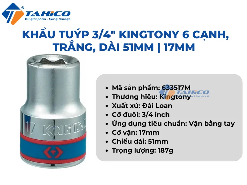 Khẩu tuýp 3/4 inch Kingtony 6 cạnh, Trắng, Dài 51mm | 17mm - 24mm 15 Hình ảnh sản phẩm Khẩu tuýp 3/4 inch Kingtony 6 cạnh, Trắng, Dài 51mm | 17mm - 24mm