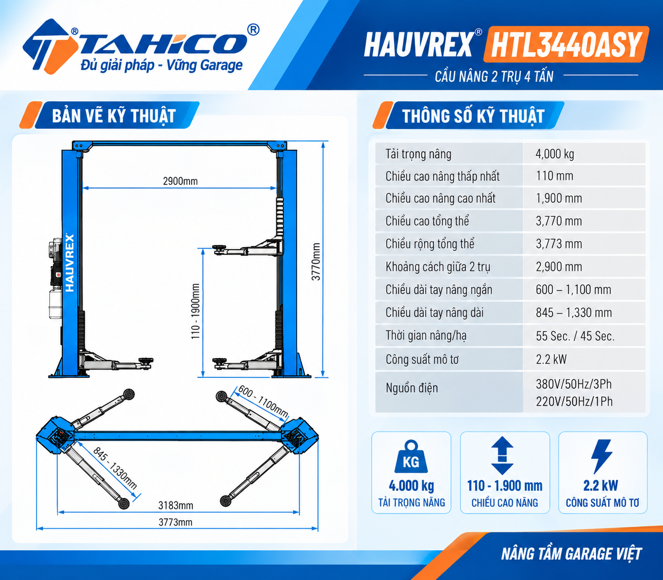Cầu nâng 2 trụ cáp trên Hauvrex HTL3440ASY - Tải trọng 4 tấn 8 Cầu nâng 2 trụ cáp trên Hauvrex HTL3440ASY