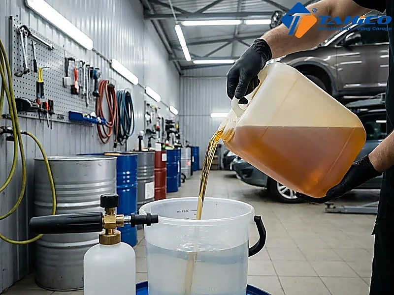 Cách Pha Xà Bông Rửa Xe Đúng Tỷ Lệ Cho Bình Bọt Tuyết 3 Đổ nước vào bình trước rồi mới rót xà bông vào sau để tránh trào bọt - TAHICO