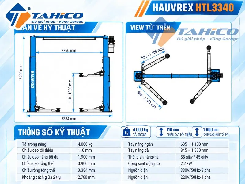 Cầu nâng 2 trụ cáp trên Hauvrex HTL3340 14 Bản vẽ và Thông số kỹ thuật sản phẩm Cầu nâng 2 trụ cáp trên Hauvrex HTL3340.