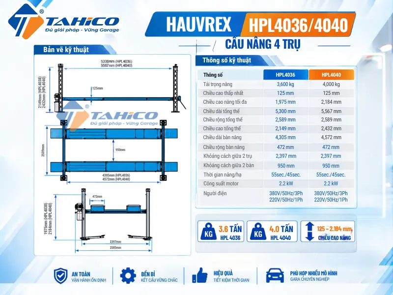 Cầu nâng 4 trụ Hauvrex HPL4036/HPL4040 34 Bản vẽ và Thông số kỹ thuật của sản phẩm Cầu nâng 4 trụ Hauvrex HPL4036/HPL4040